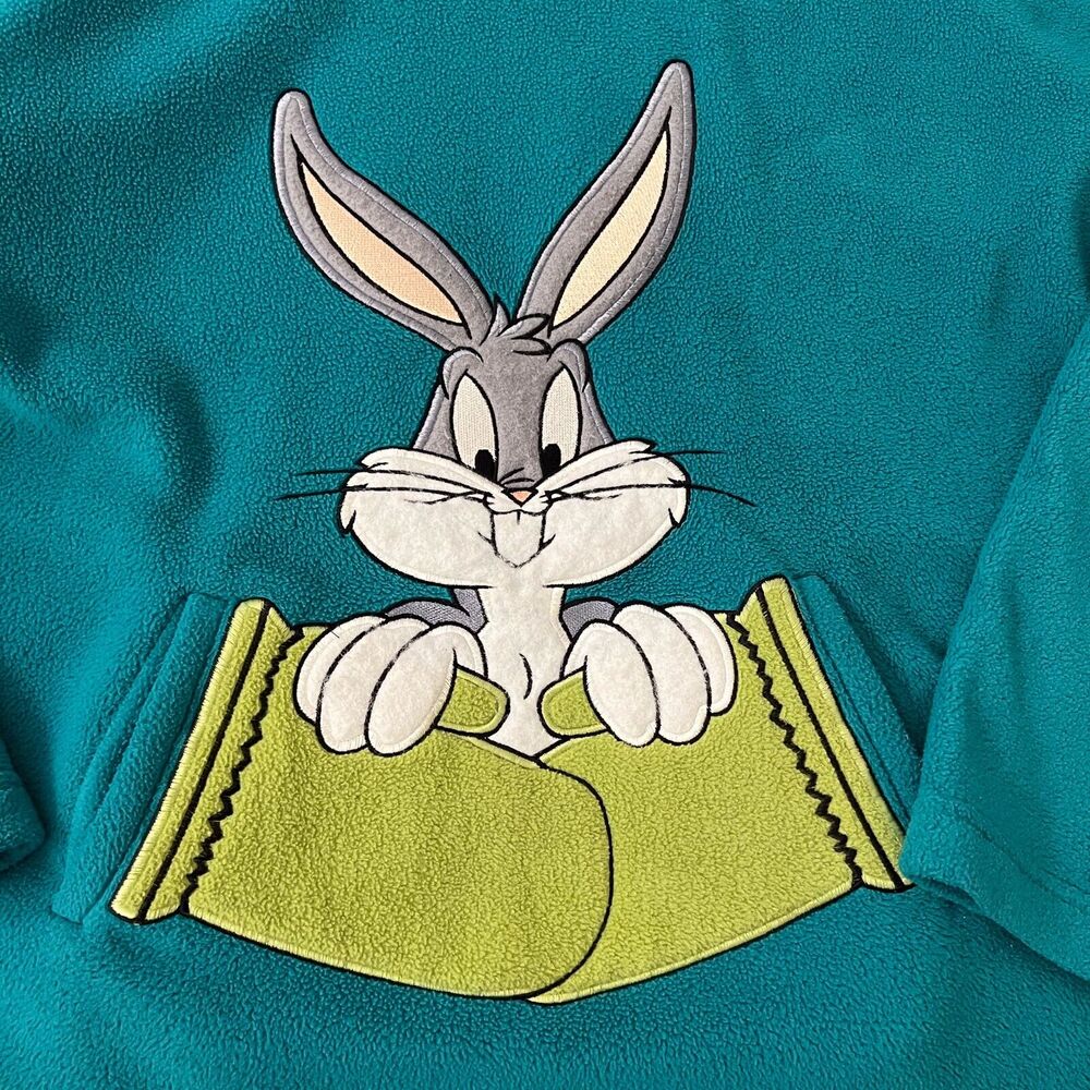 Looney Tunes Womens Large Bugs Bunny Fleece Hoodie Sweatshirt Teal Mitten Pocket - Picture 2 of 5